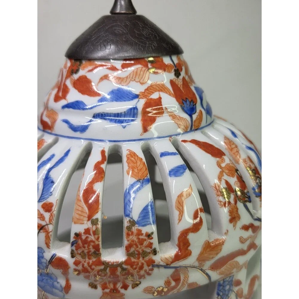 Vintage Chinoiserie Ceramic Bird Cage Candle Holder Lantern Hanger Gold Imari